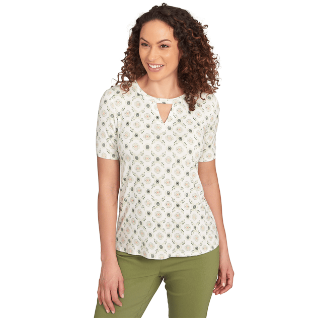 Petite Emaline Key Items Geometric Floral Keyhole Neck Tee