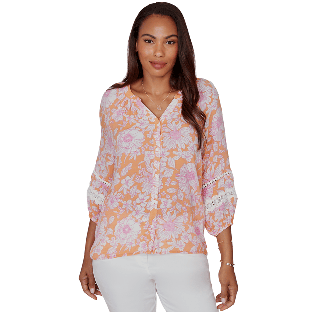 Womens Ruby Rd. Hothouse Florals 3/4 Sleeve Floral Button Blouse