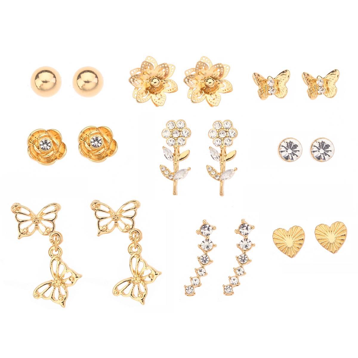 Ashley 9pc. Gold Butterfly/Flower Stud Earring Set