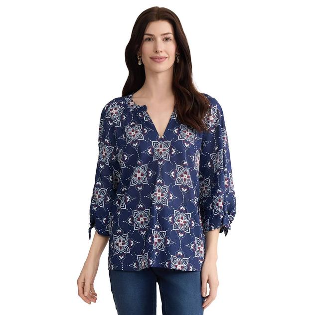 Womens Jones New York 3/4 Tie Sleeve Split Neck Medallion Blouse