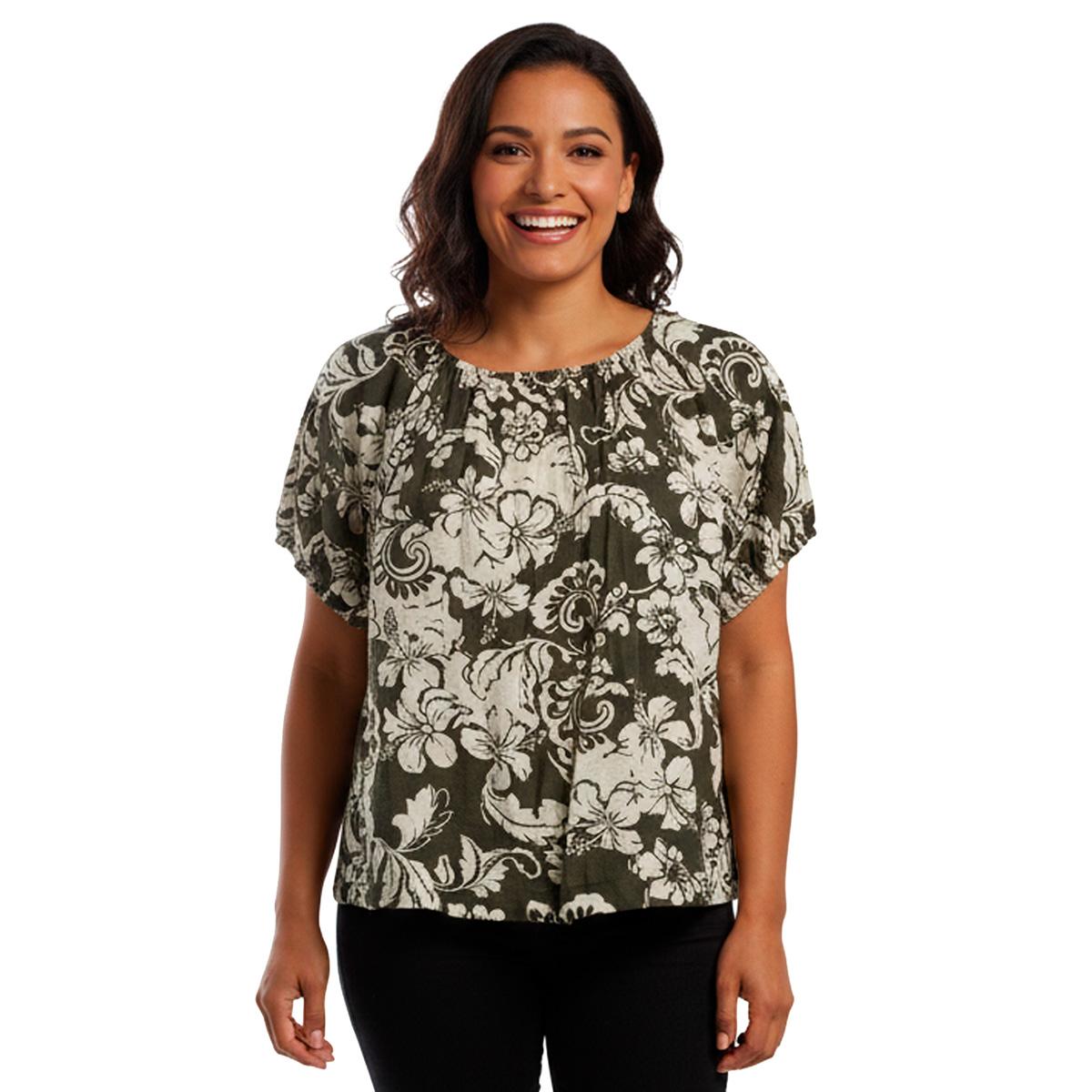 Petite Architect® Tonal Floral Tropical Peasant Blouse