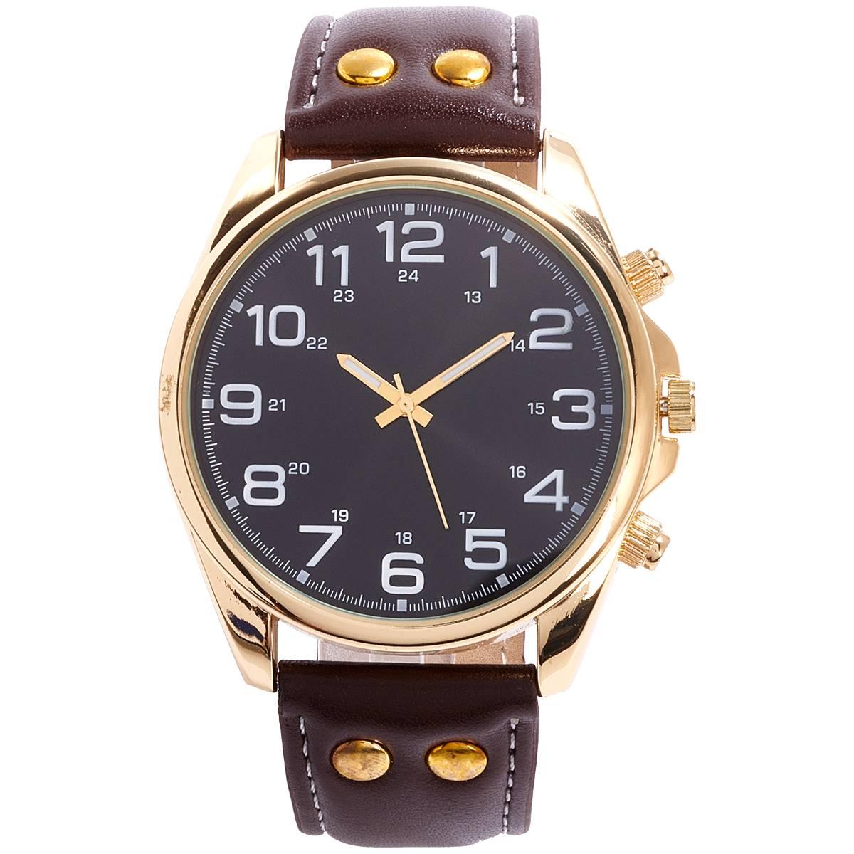 Mens Gold-Tone Brown Faux Leather Strap Watch - 50688G-07-G16