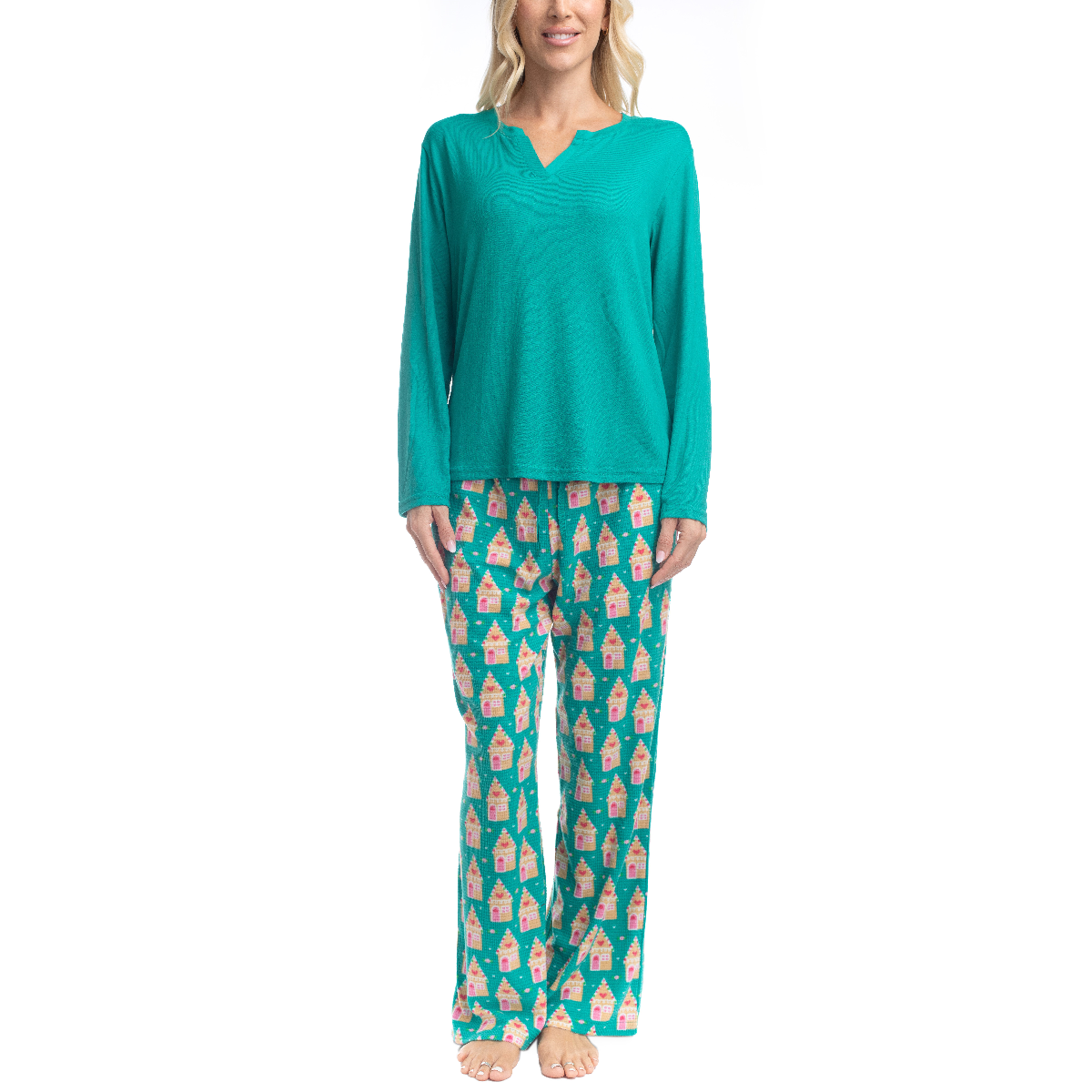 Womens Goodnight Kiss Holiday Pop Up Gingerbread House Pajama Set