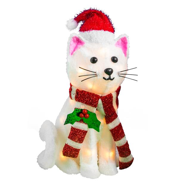 16in. Lighted Cat with Scarf and Hat