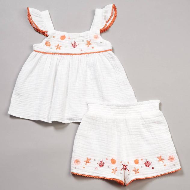 Girls (4-6x) Kiwi 2pc. Gauze Short Set w/ Embroidered Graphics