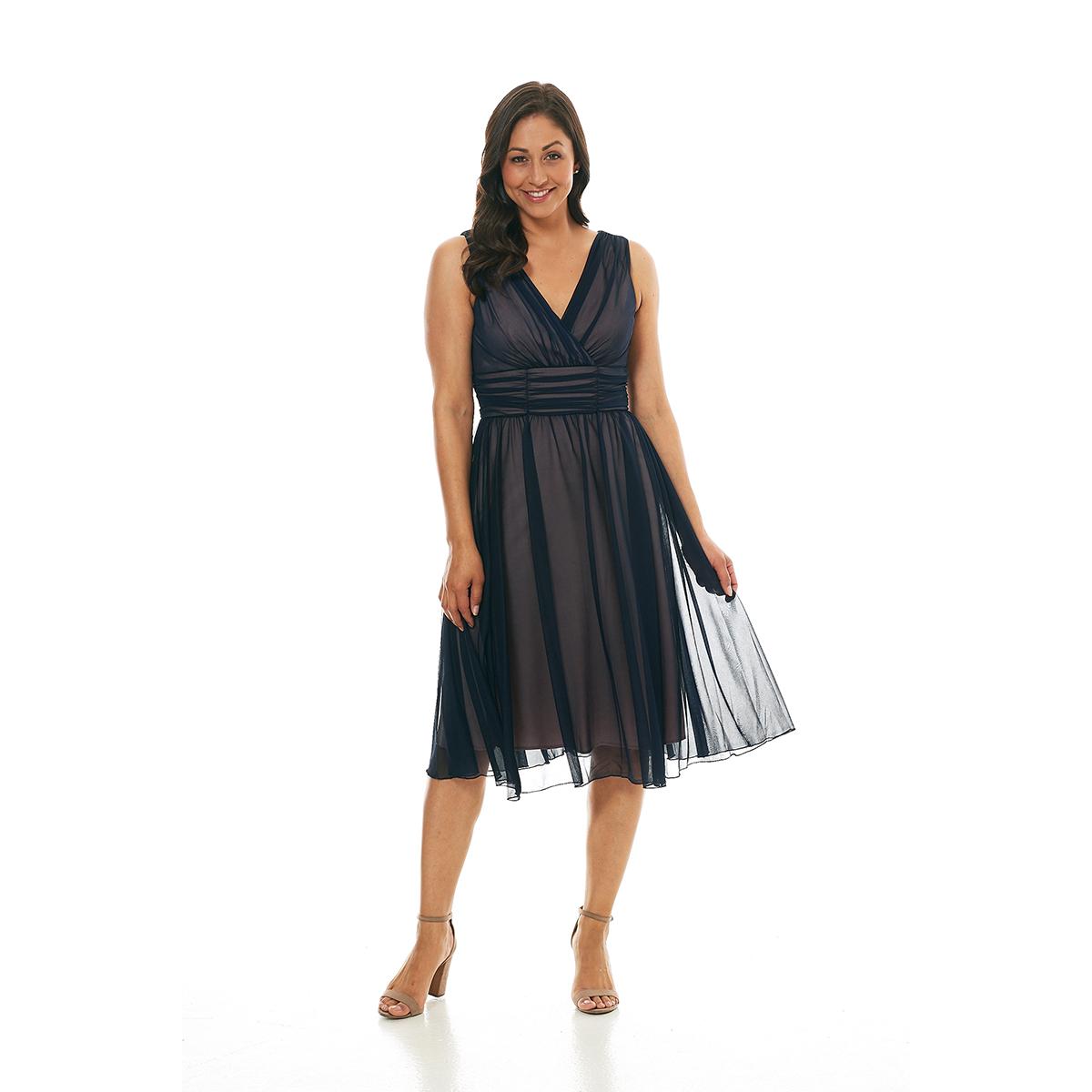 Womens Connected Apparel Sleeveless Sheer Ruched Waist Midi Dress