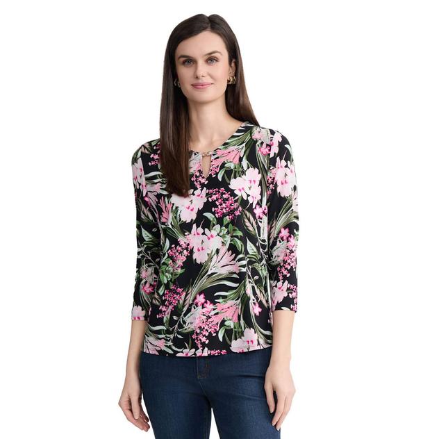 Womens Jones New York 3/4 Sleeve Keyhole Neck Floral Blouse