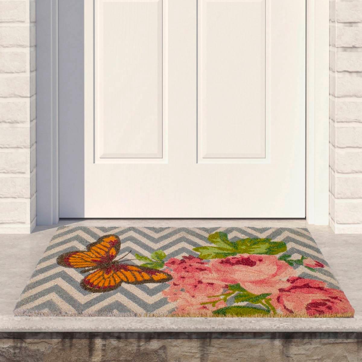 Northlight Seasonal Rose with a Butterfly Chevron Spring Doormat
