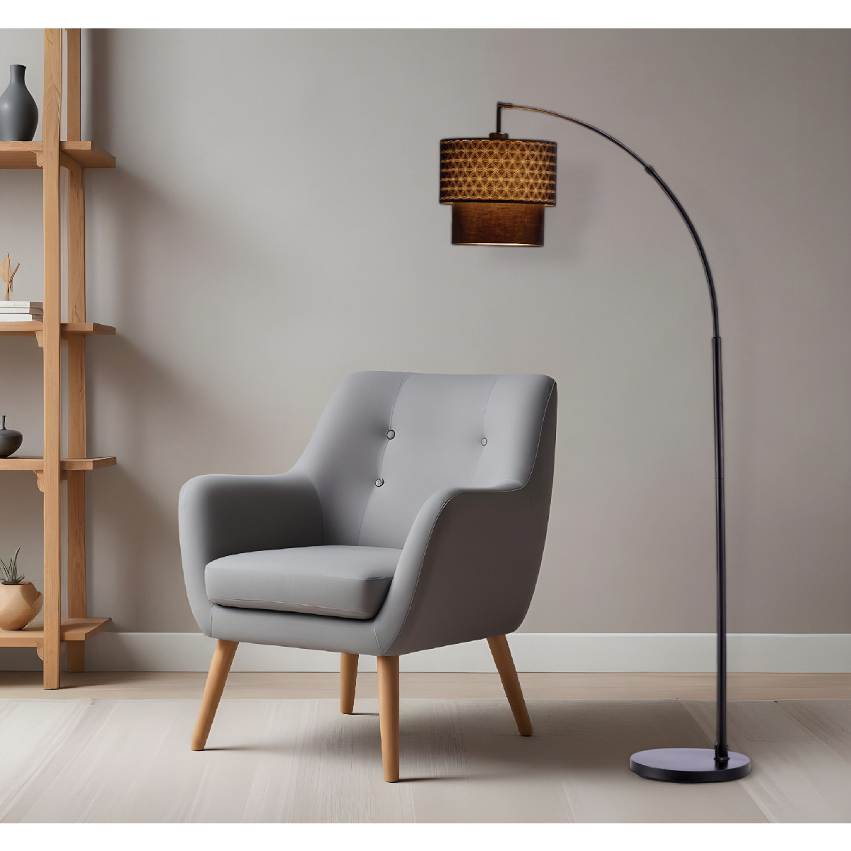 HomeRoots 71in. Brown & Black Arched Floor Lamp With Drum Shade
