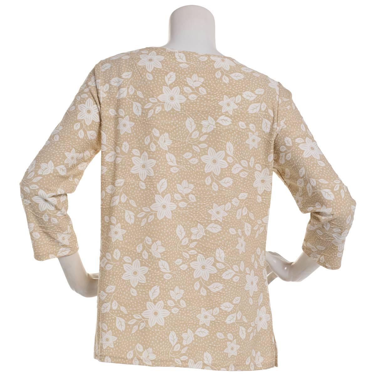 Petite Emily Daniels 3/4 Sleeve Floral Jacquard Tee-Tan/White