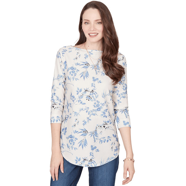 Womens Emaline Key Items 3/4 Sleeve Pebble Knit Floral Tee