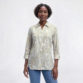 Petite Emily Daniels 3/4 Sleeve Stencil Leaves Button Down