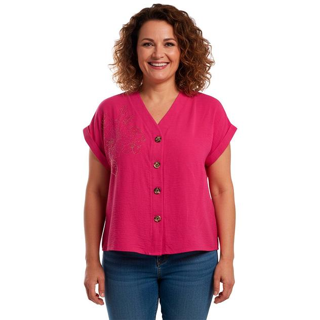 Plus Size Cocomo Short Sleeve Button Front Airflow Floral Blouse
