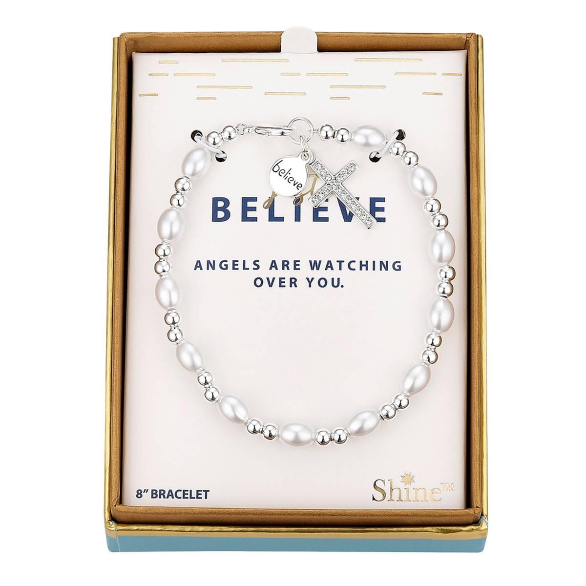 Shine Fine Silver Plated Crystal & Pearl Cross Believe Bracelet