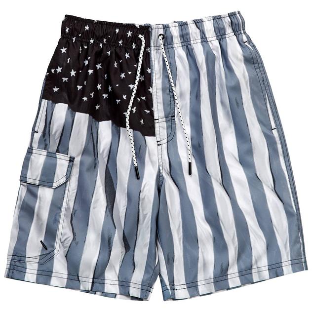 Young Mens SURFZONE® Photo Real Flag Swim Trunks - Black/White