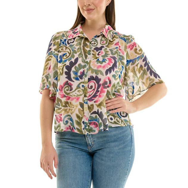 Womens Zac & Rachel Short Wide Sleeve Paisley Chiffon Blouse