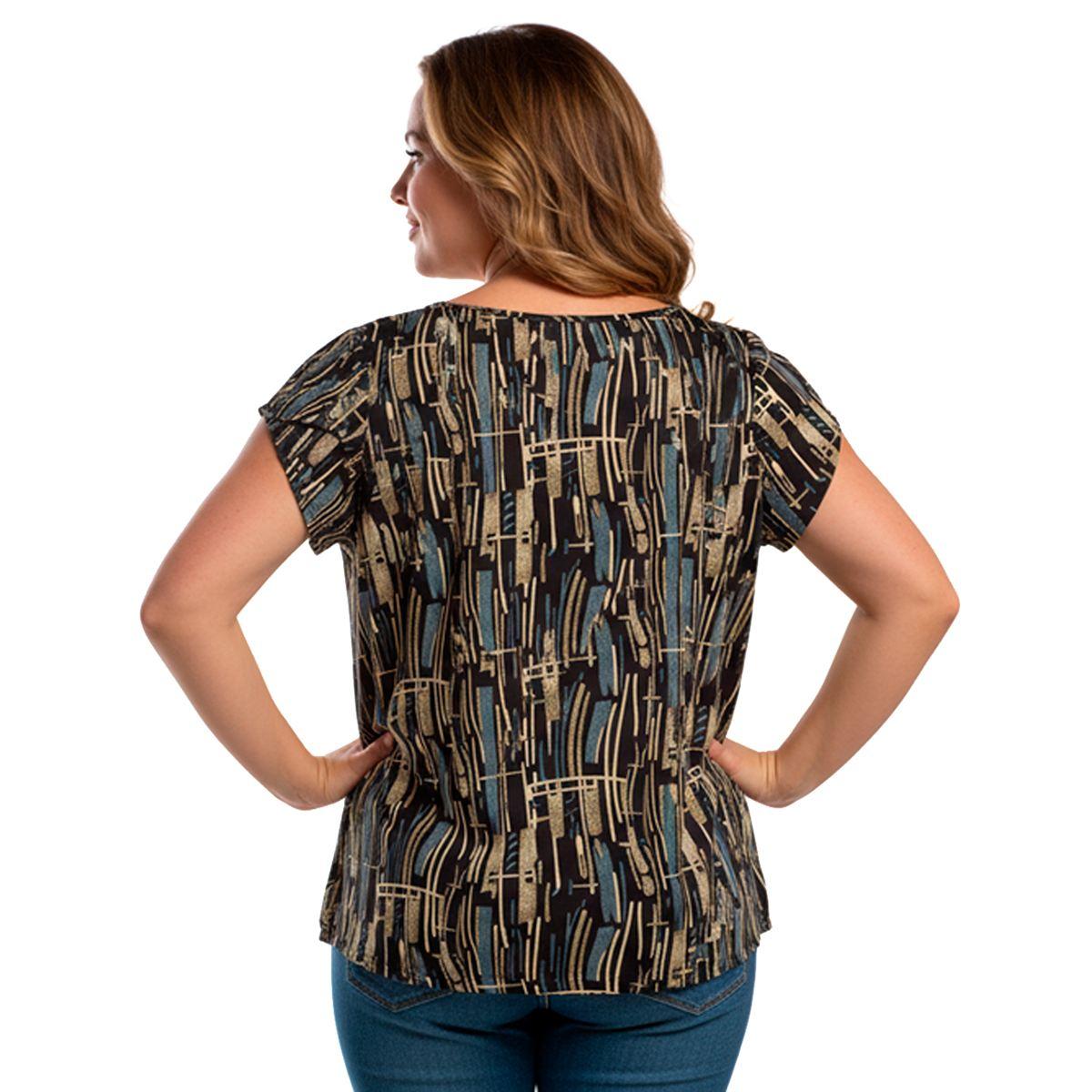 Plus Size Notations Tulip Sleeve Double Bar Neck Abstract Blouse