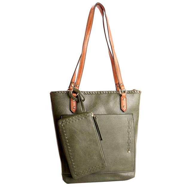 DS Fashion 2-in-1 Whipstitch Solid Tote with Zipper Pouch