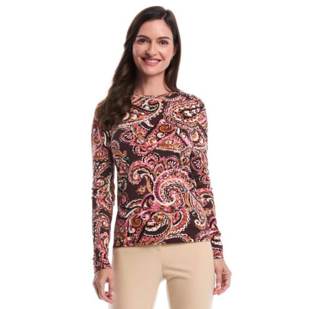 Womens Rafaella® Crew Neck Long Sleeve Paisley Blouse