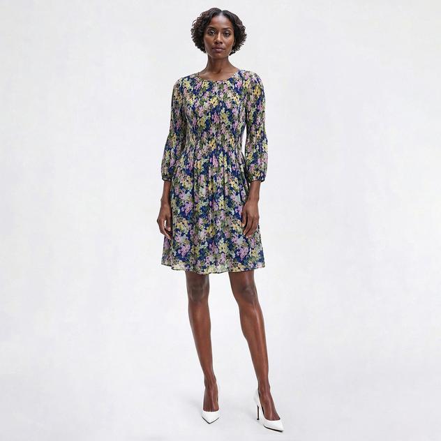 Womens Ninety Clothing 3/4 Sleeve Floral Crinkle Shift Dress