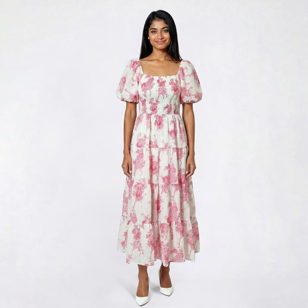 Juniors Crystal Doll Puff Sleeve Smocked Bodice Midi Dress