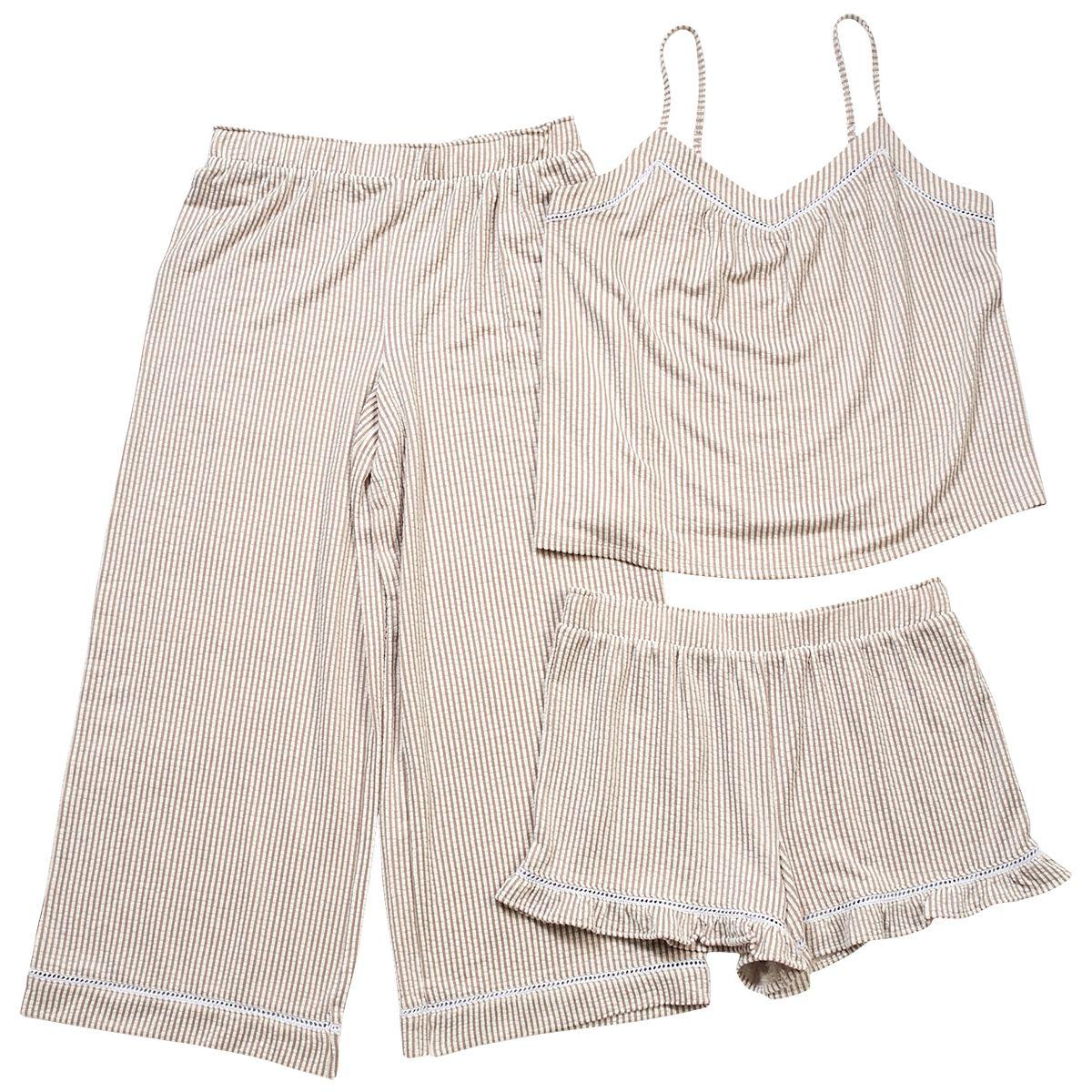 Womens Jaclyn Seersucker Stripe 3pc. Cami/Shorts/Pants Pajama Set