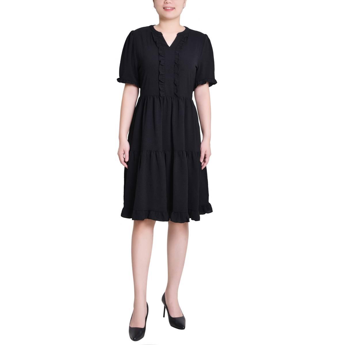 Petite NY Collection Elbow Sleeve Airflow Ruffle Trim Dress