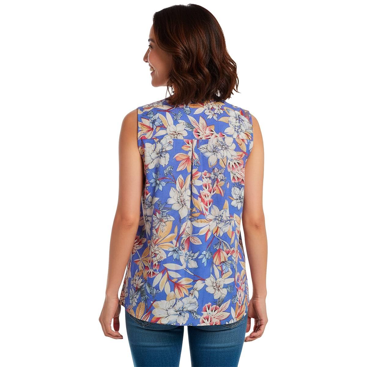 Womens Notations Sleeveless Floral Pleat Button Front Blouse