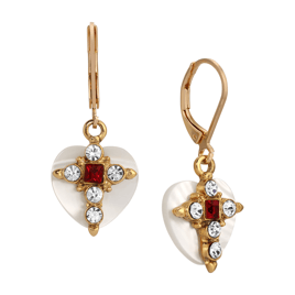 Symbols of Faith Gold Tone MOP Heart Cross Leverback Earrings