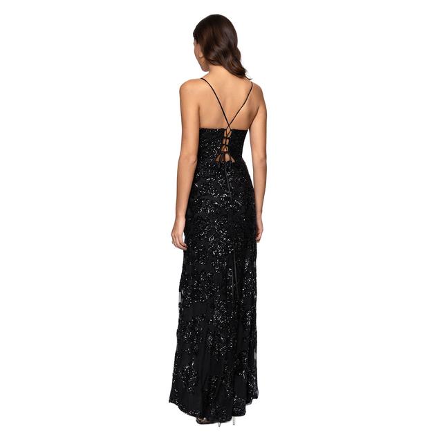 Juniors Blondie Nites Sequin Deep V-Neck Lace Slim Sheath Dress