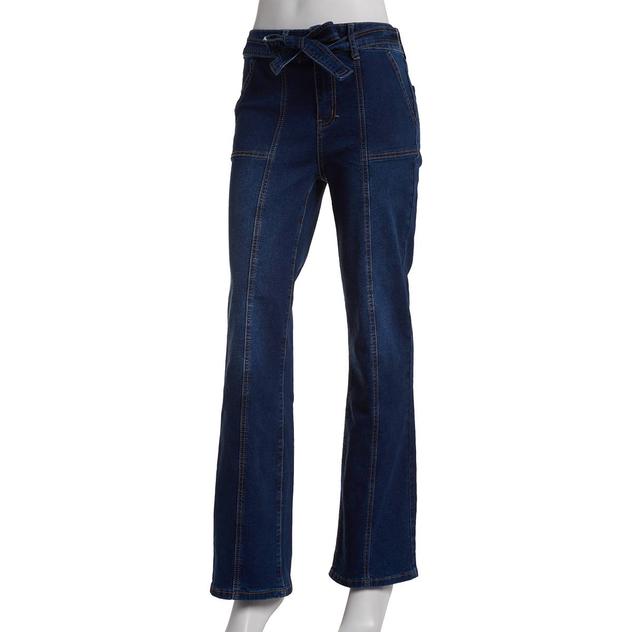 Womens Bleu Denim Two Button Belted Straight Leg Jeans