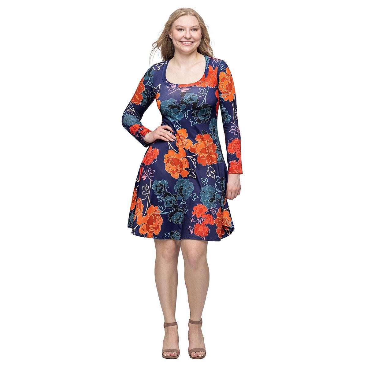 Women 24/7 Comfort Apparel Navy Floral Long Sleeve Dress