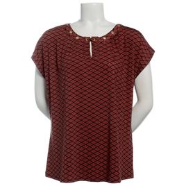 Womens Notations Short Sleeve Diamond Grommet Neck Shell Blouse