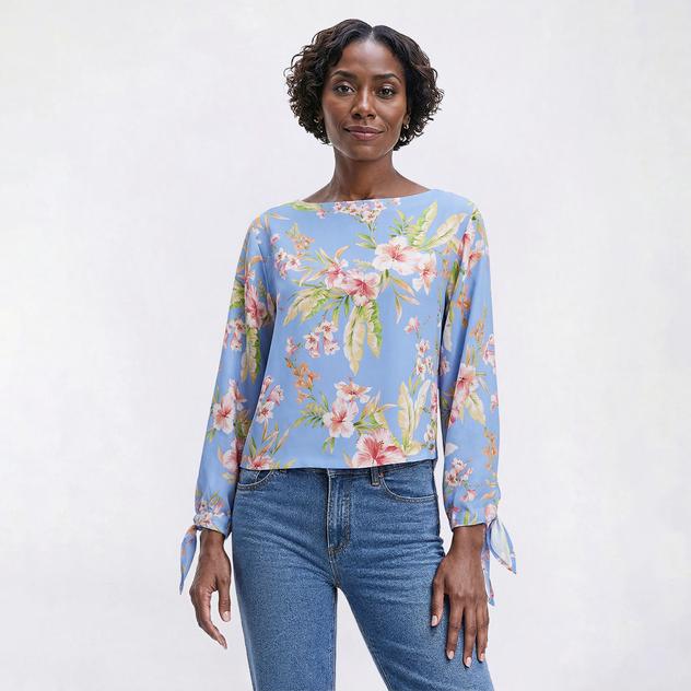 Womens Halston Long Tie Sleeve Boat Neck Floral Blouse