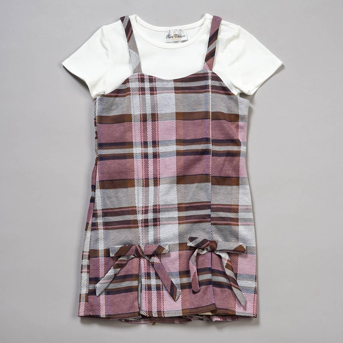 Girls (7-16) Rare Editions Short Sleeve Tee w/ Plaid Bow Jumper