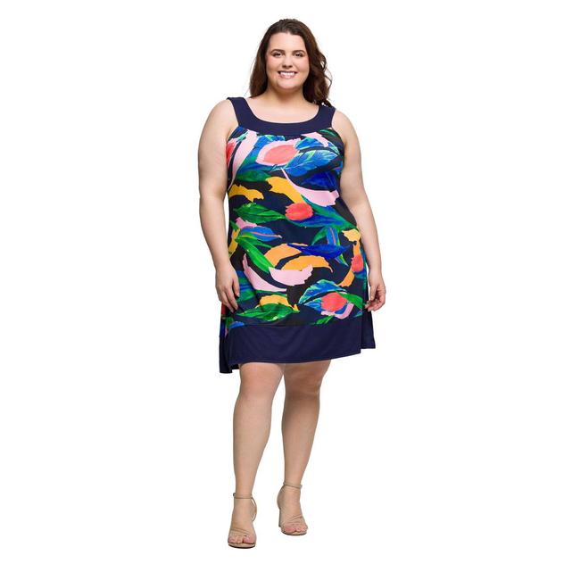 Plus Size 24/7 Comfort Apparel Navy Floral Sleeveless Shift Dress