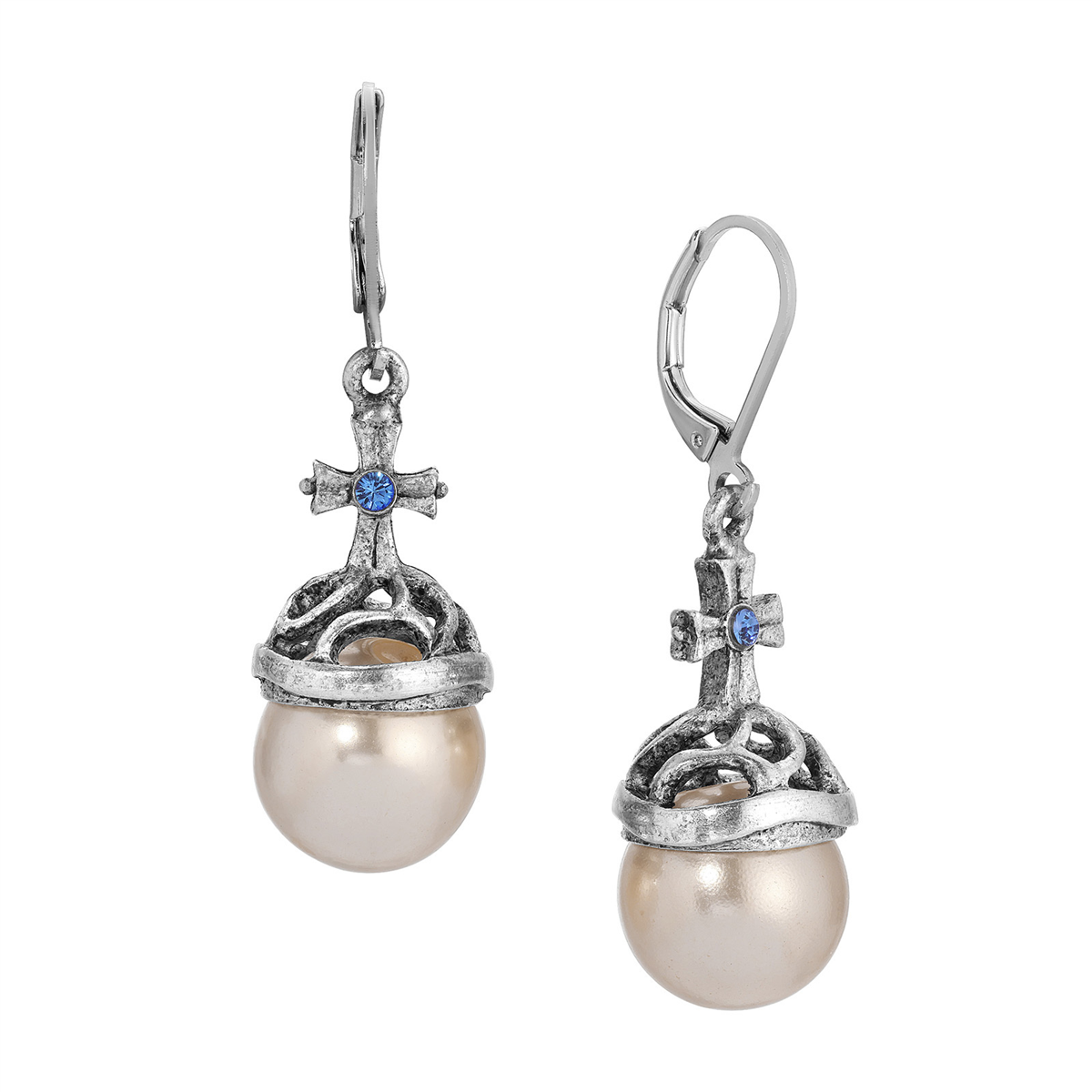 Symbols of Faith Silver-tone Globus Cruciger Leverback Earrings