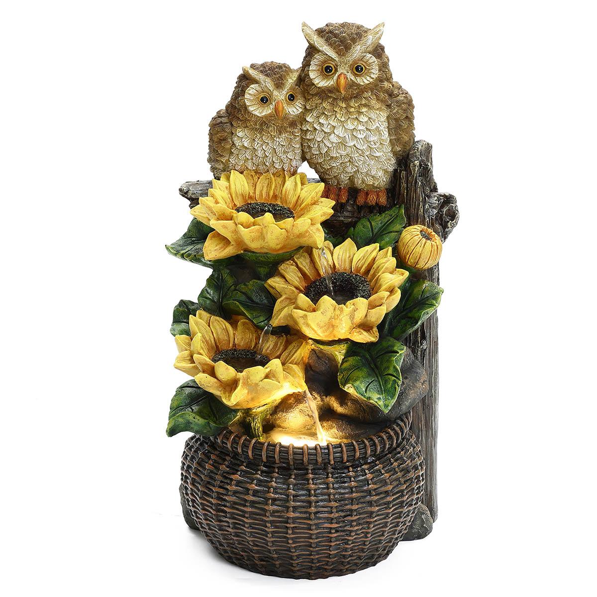 Resin Owls with Sunflowers in a Basket Fountain