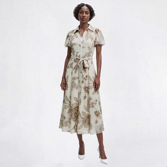 Petite Sandra Darren Short Sleeve Floral Chiffon Shirtdress
