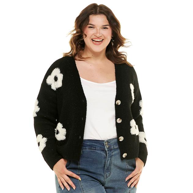 Juniors Plus No Comment Mossy Boucle Floral Cardigan