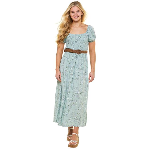 Juniors Wallflower Floral Gauze Smocked Bodice Belted Maxi Dress