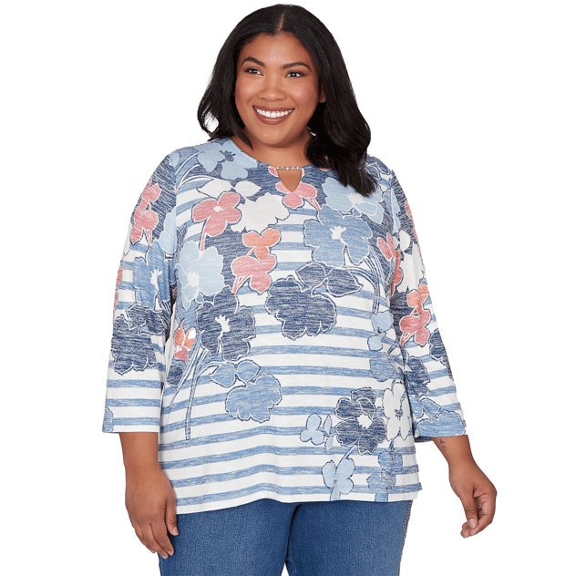 Plus Size Alfred Dunner Austin Stripe Floral Keyhole Neck Blouse