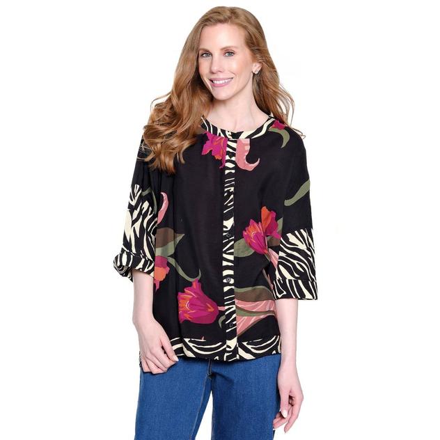 Womens Ali Miles Dolman Sleeve Floral Zebra Hem Blouse
