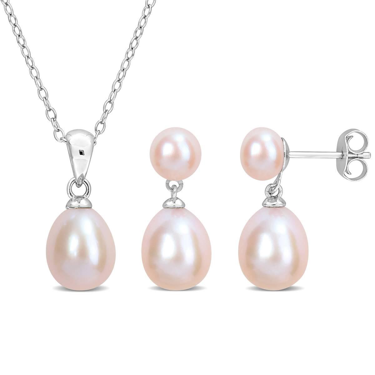 Gemstone Classics(tm) Rice Pink Pearl Earrings & Necklace Set