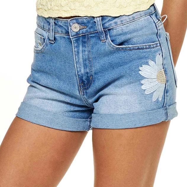 Juniors Gogo Jeans High Rise Embroidered Daisy Roll Cuff Shorts
