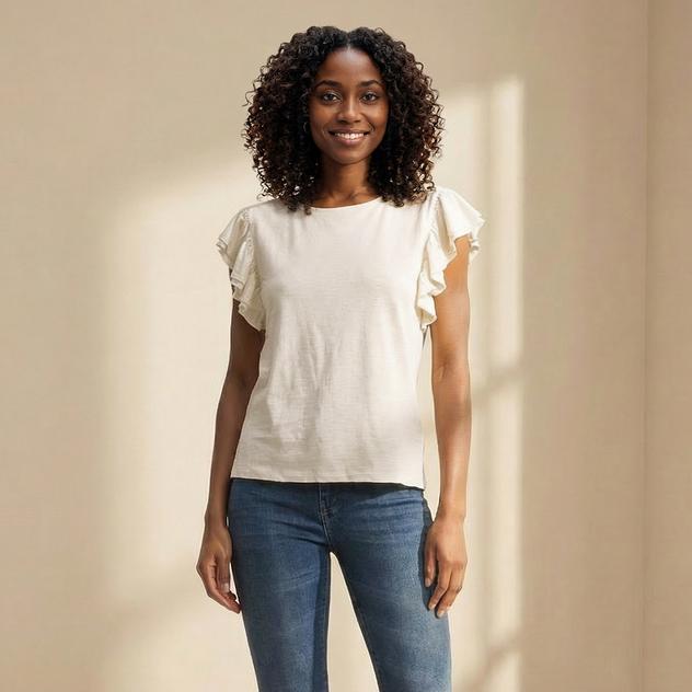 Womens Nicole Miller Cap Ruffle Sleeve Solid Linen Slub Blouse