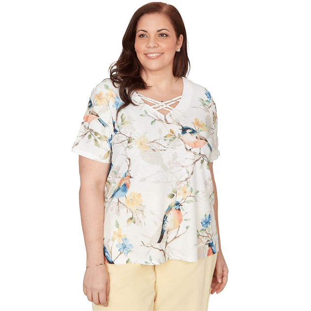 Plus Size Alfred Dunner Out Of The Blue Floral Birds V Neck Tee