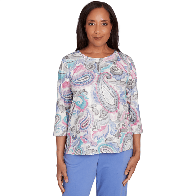 Womens Alfred Dunner Casual Vibe Pleat Neck Paisley Blouse