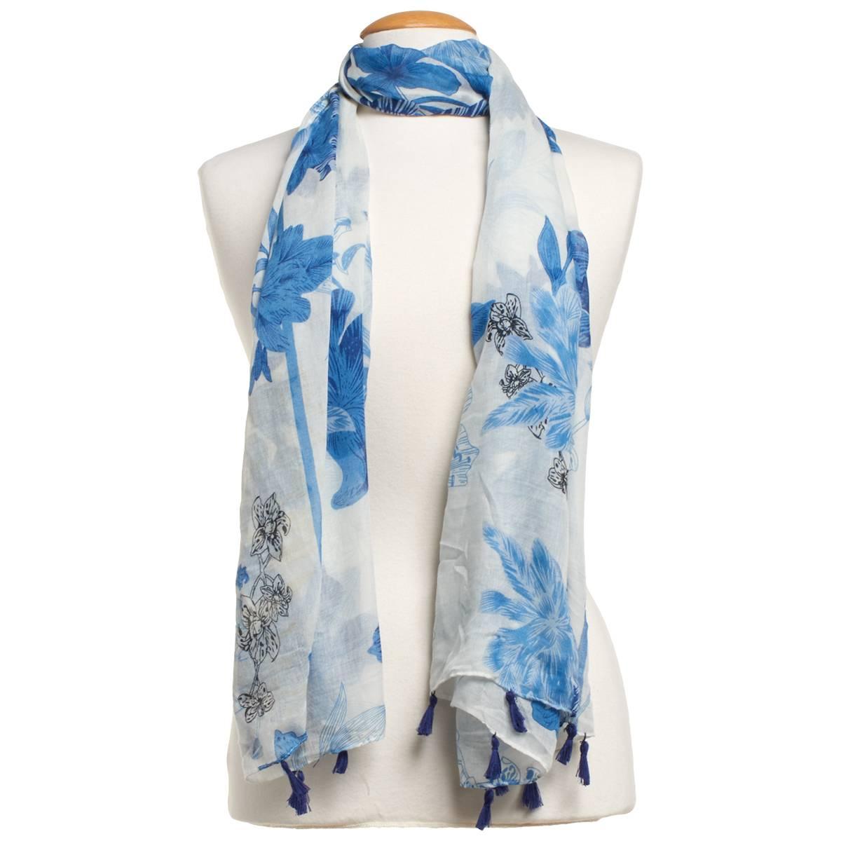Womens Renshun Blue Floral Oblong Scarf