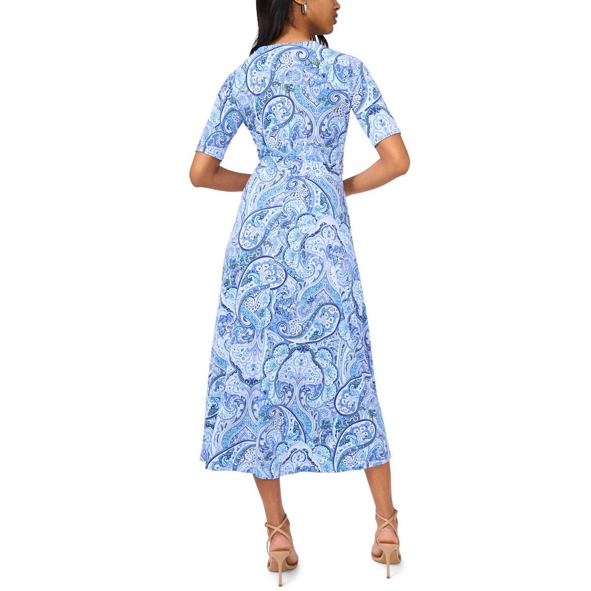 Womens MSK Elbow Sleeve V Neck Print ITY Midi Dress